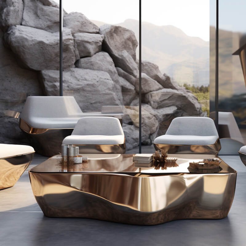 Mesa de té artística de acero inoxidable dorado