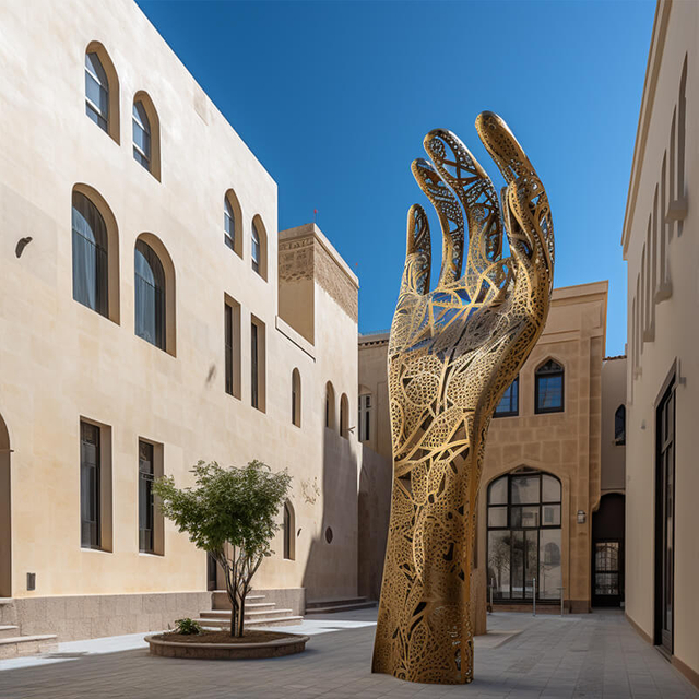 Escultura de metal de arte urbano hueca en forma de mano